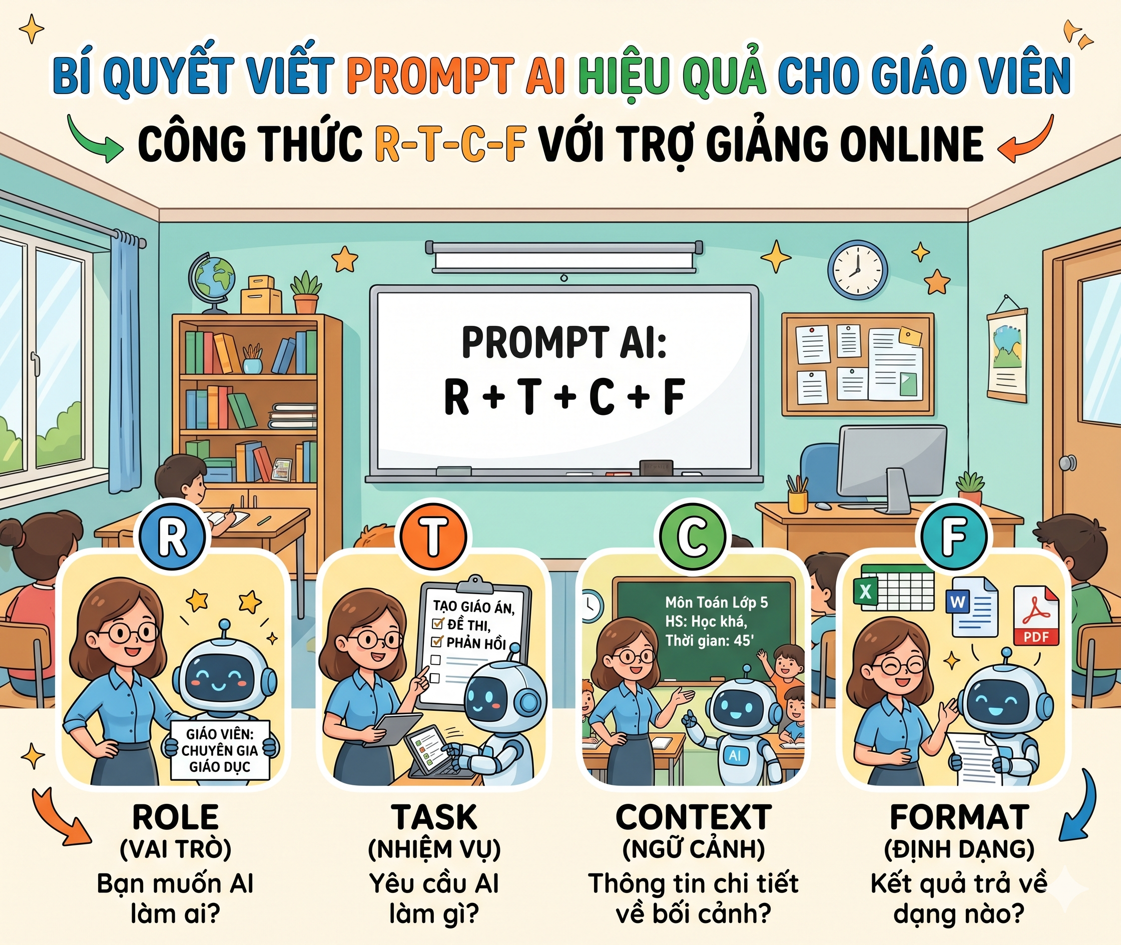 Bí Quyết Viết Prompt AI Hiệu Quả Cho Giáo Viên: Công Thức R-T-C-F Và Trợ Giảng Online